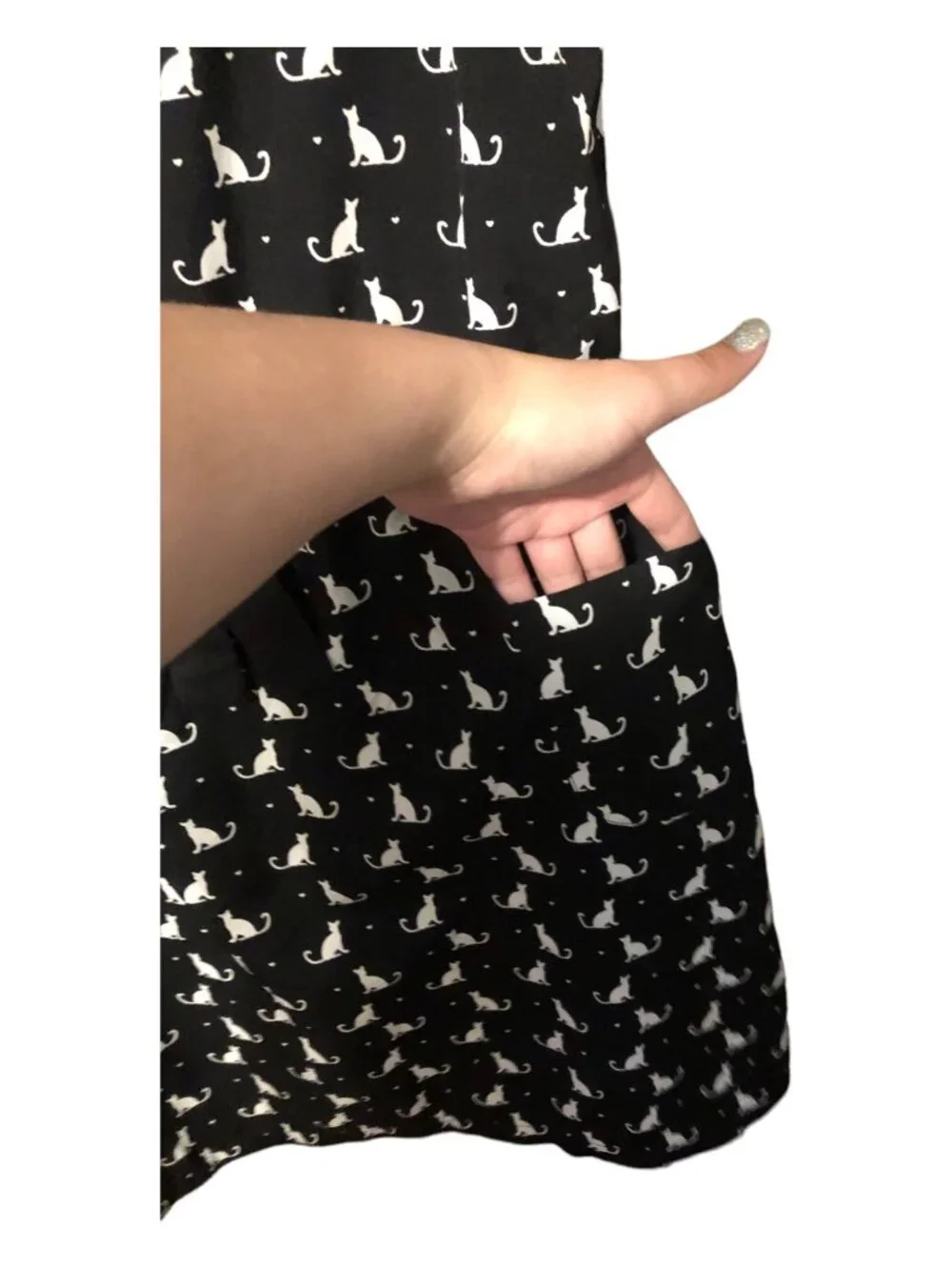 White Cat Print Black Short Sleeve Sun Dress Accent Bow Pockets Sz XL (14-6)